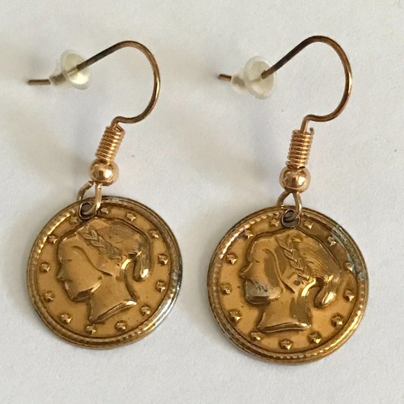 Vintage French Italian Coin Earrings Dangle Gold Plated Wire France Italy Lady - Picture 6 of 9